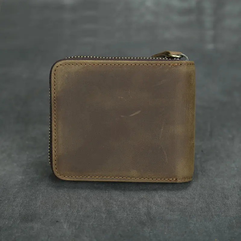 Short Organizer Wallet Man With Zipper Around Genuine Leather Male Coin Purse Crazy Horse Leather Card Holder For Boys Vintage Short Organizer Wallet Man With Zipper Around Genuine Leather Male Coin Purse Crazy Horse Leather Card Holder For Boys Vintage