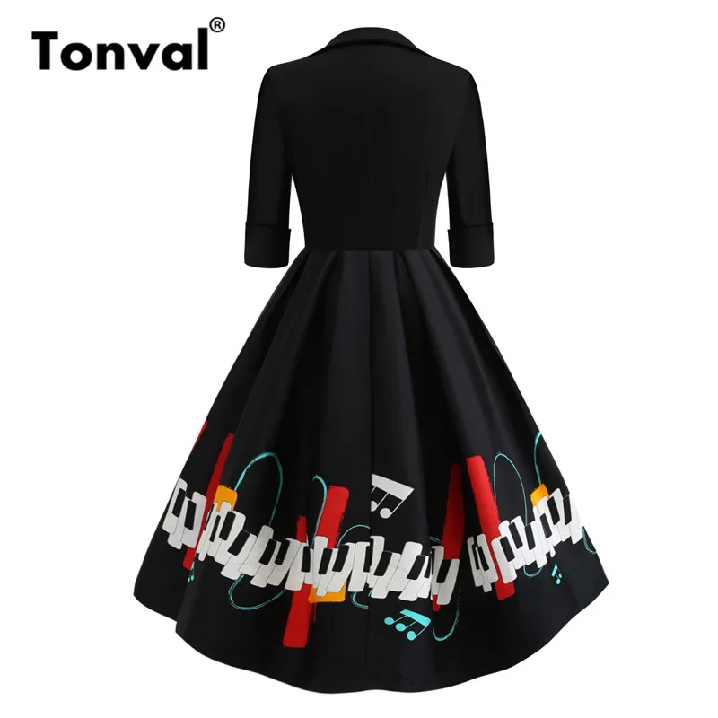 Tonval ретро многоцветная печать квадратный воротник миди винтажное платье женская элегантная булавка Хепберн рокабилли плиссированные осенние платья