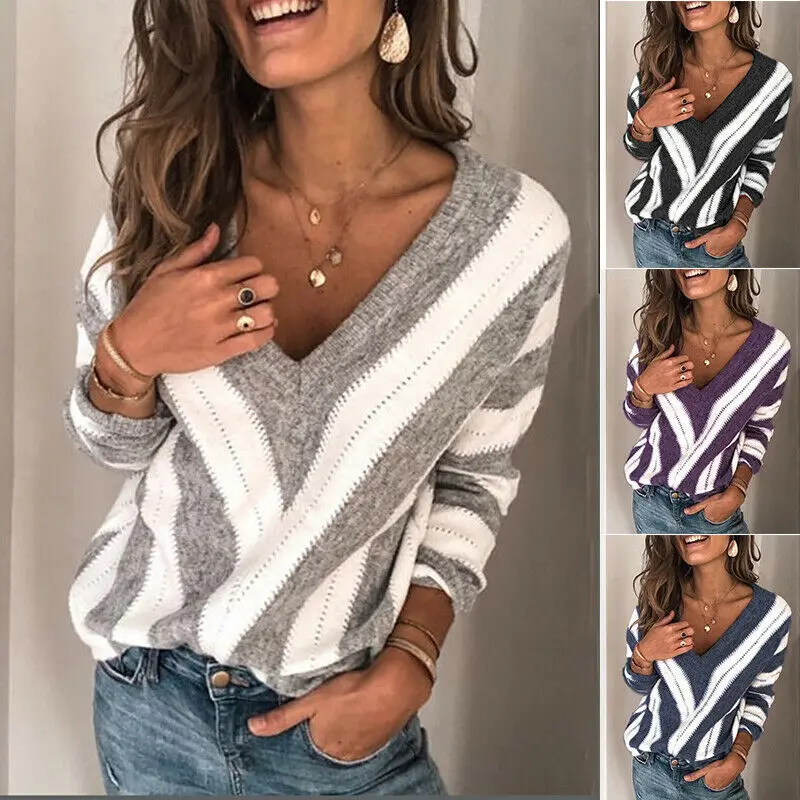 Women Autumn V Neck Long Sleeve Sweater Loose Knit Pullover Sexy Jumper Tops