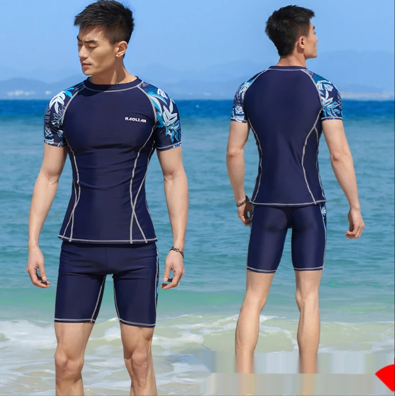 

Костюм для плавания мужской с короткими рукавами, консервативный водопоглощающий Быстросохнущий костюм с пятью штанами для взрослых и студентов, для дайвинга