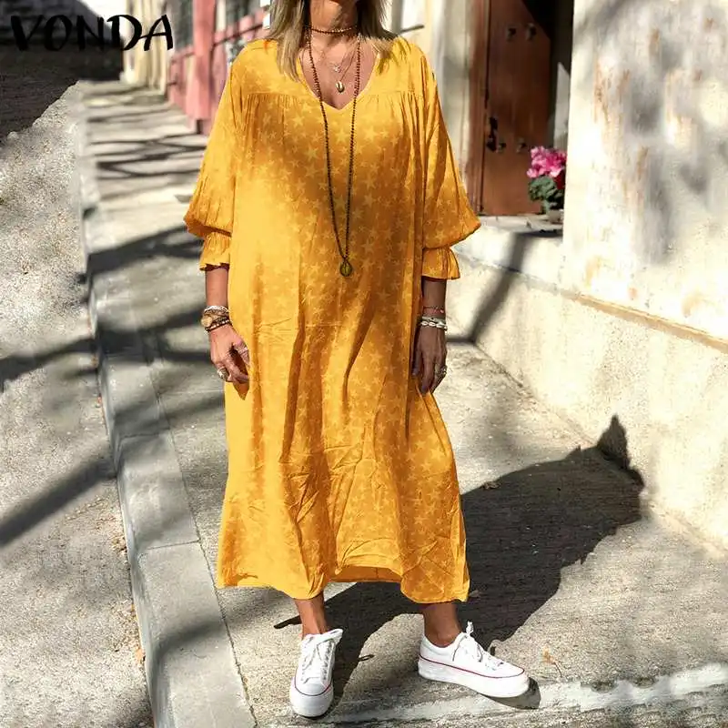 

VONDA Plus Size Dress Women Sundress 2019 Spring Summer Batwing Sleeve Bohemian Printed Maxi Long Dress Casual Loose Vestidos