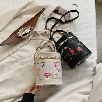 

Female Pu Bucket Bag,Colorful Cactus Idyllic Cross-body Bag,Simple Fashion Cylinder Messenger Bag,Mini Change Key Bag