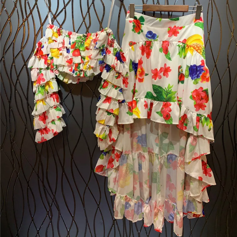 

DEAT 2019 Autumn Sexy Long Petal Sleeve Spaghetti Strap Ruffles Top Irregular Long Skirt Two Piece Set Women Outfits MG397