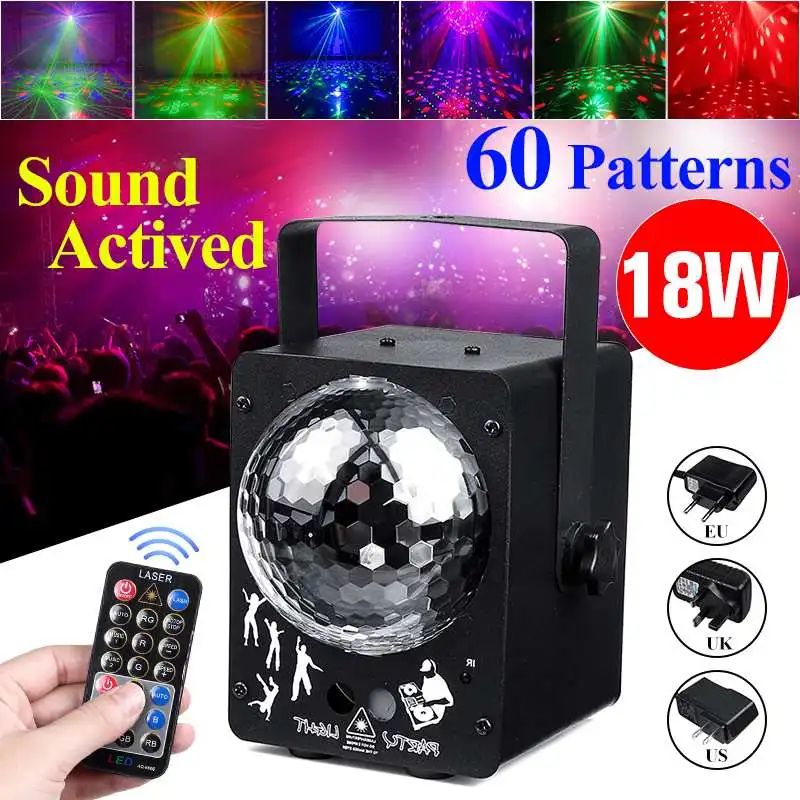 

60 Modes Sound Activated Rotating Disco Ball RGB Party Strobes Laser Light LED Stage Projection Lamp Christmas Home KTV Wedding