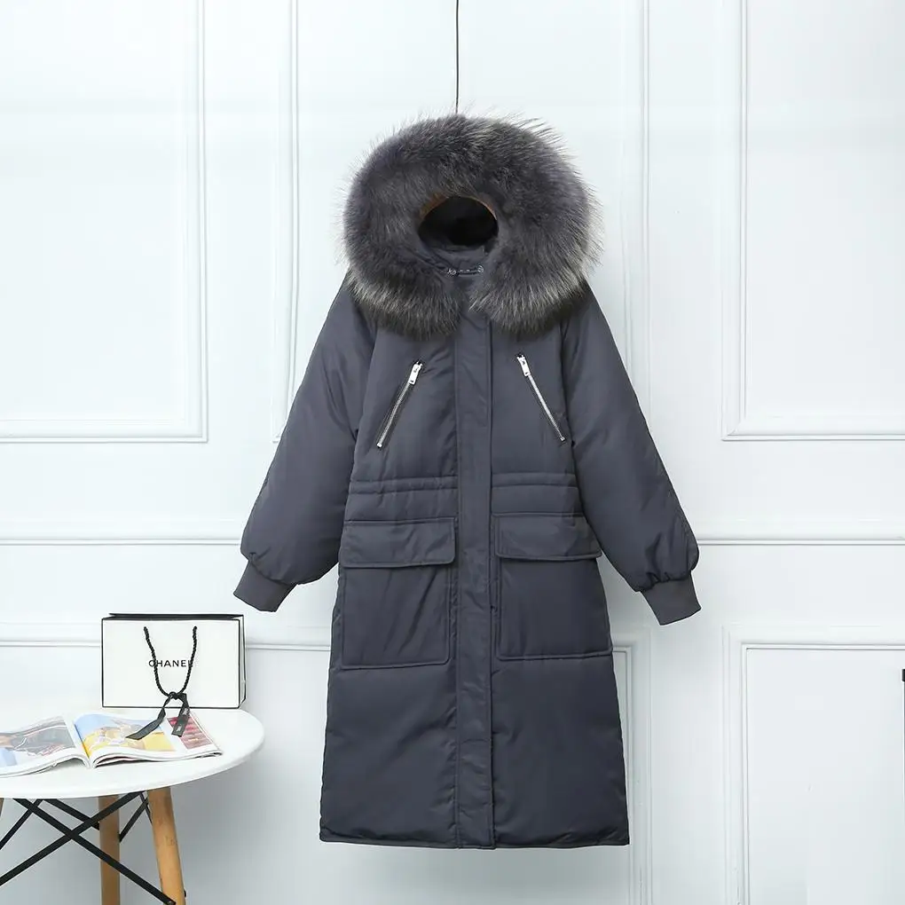 Fitaylor большой натуральный мех енота с капюшоном зимняя куртка для женщин 90% белый утиный пух толстые парки теплый пояс завязывать снег пальто - Цвет: Темно-серый