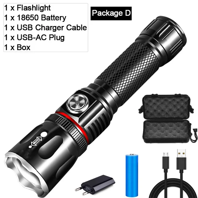 30000лм T6/L2 супер яркий светодиодный фонарик USB linterna светодиодный фонарик советы питания Масштабируемые велосипедные фары 18650 перезаряжаемый - Испускаемый цвет: Package   D