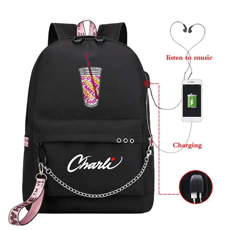 Mochila Charli Damelio para adolescentes, niños y niñas, Mochila escolar con carga USB, para ordenador portátil, para viaje