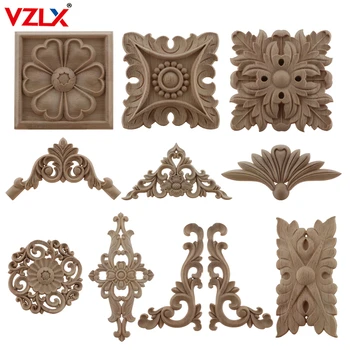 

VZLX Wood Applique Onlay Decal Figurines Wooden Carved Decor Unpainted Large Crown Leaves Oval Flower Furniture Doors Home
