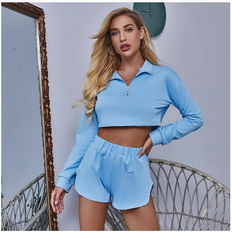 Autumn New Fashion 2Pcs Sports Clothing Suit Casual Womens Girls  Long Sleeve lapel sweatshirt+High Wait Shorts Sets