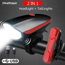 Phmax conjunto de luz da bicicleta à prova dwaterproof água mtb chifre luz usb recarregável solar led farol aviso segurança ciclismo lanterna traseira