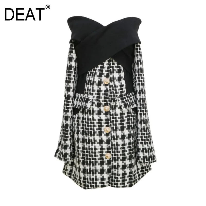 DEAT New Winter Slash Collar Full Sleeves Off Ther Shoulder Plaided Knits Spliced Woolen Single Breasted Dress 19G-a78-01