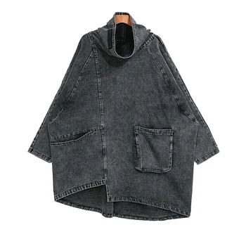 

LANMREM can ship turtleneck full sleeves denim pocket asymmetrical gray pullover loose sweatshirt spring 1K166