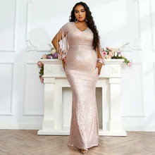 

Roken Evan 2021 Women Maxi Dress Plus Size Sexy Vintage Sequin Floor Long Sleeve Tassel Party Elegant Prom Female Large Dresses