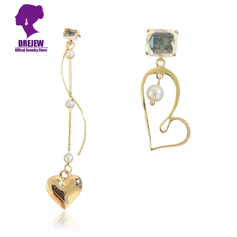 

DREJEW Asymmetrical Gold Love Heart Statement Drop Earrings Long Rhinestone Pearl Alloy Women Dangle Earrings Wedding Christmas