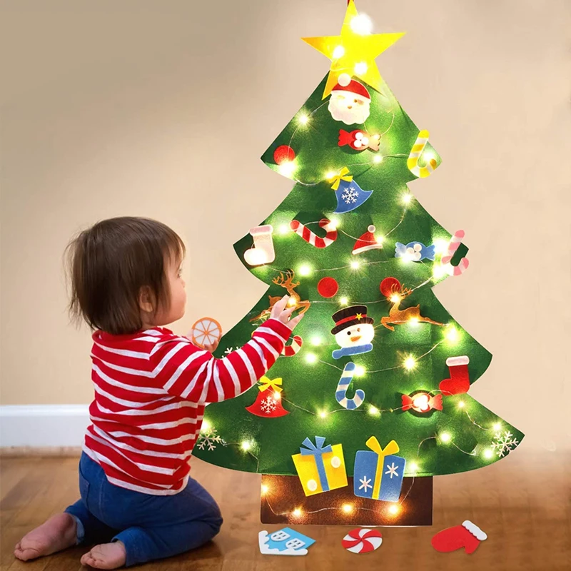 3.2Ft Creative Felt Christmas Tree with 26 Pcs Ornaments Christmas Wall Hanging Decor Christmas Decorations Xmas Gifts with Ligh