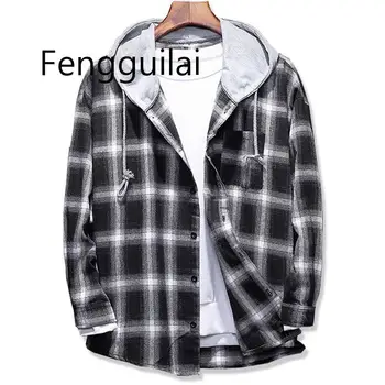 

2020 Autumn Winter men's Slim Fit Men Long Sleeve Hooded Shirt Men plaid shirt Male Casual Men Shirt Large size 5XL