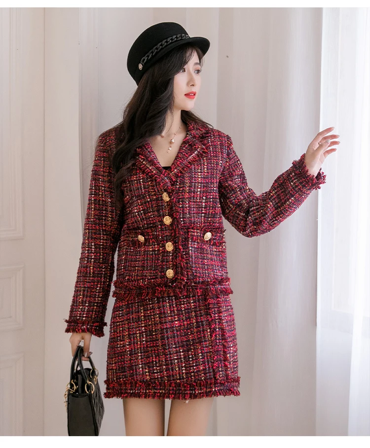 coat and skirt Красный твидовый шерстяной женский костюм, новинка, Осень-зима, женская короткая куртка, пальто+ мини юбка, комплект из 2 предметов, одежда для женщин - Цвет: coat and skirt