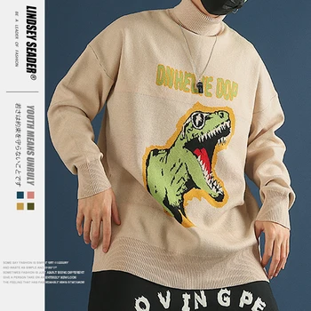 

Lindsey Seader Dinosaur Sweater Men Pullover Knitwear Couples Turtleneck Sweater Loose Hiphop Warm Winter Inside Outwear Sweater