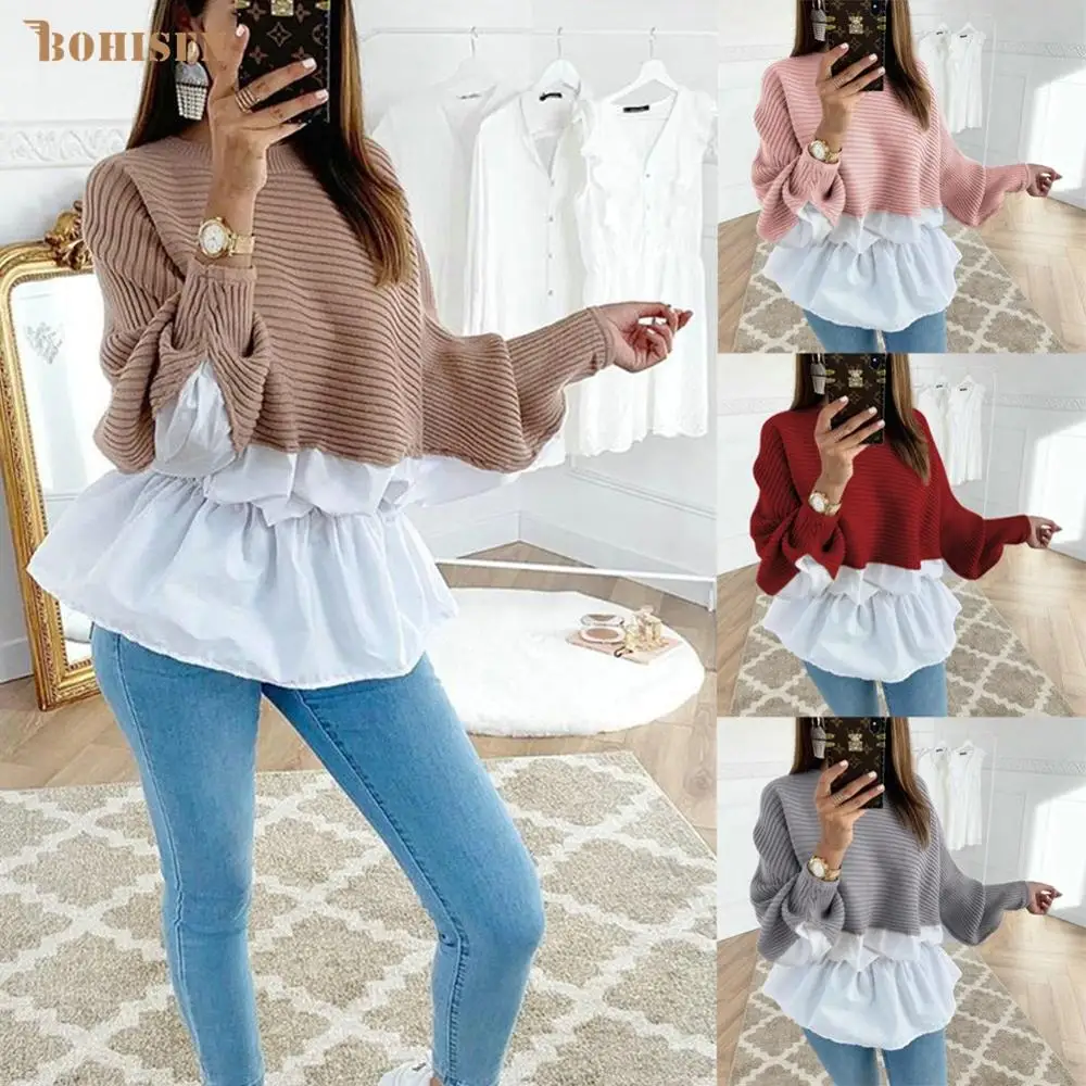 

Bohisen winter Fashion sexy color matching irregular stitching sweater Round neck long sleeve tops Elastic waist blouse