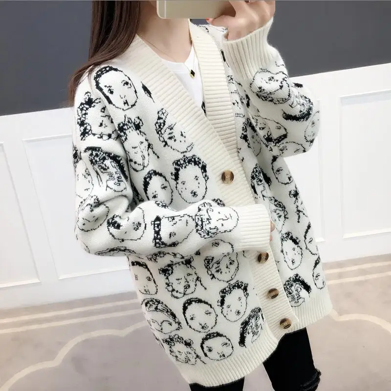 

New Autumn Winter Knit Sweater Harajuku Top casual Women Sweater V-neck Cartoon character Cardigans Button Single Breasted