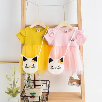 

Girls Dresses Summer Cartoon Cat Toddle Dress Embroidery Kids Girl Elegant Princess Dress Children Sweet Outfit with Bag Dresses