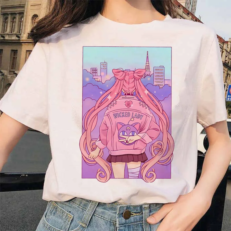 Kawaii Sailor Moon женская футболка с коротким рукавом Harajuku Ullzang Эстетическая аниме кошка
