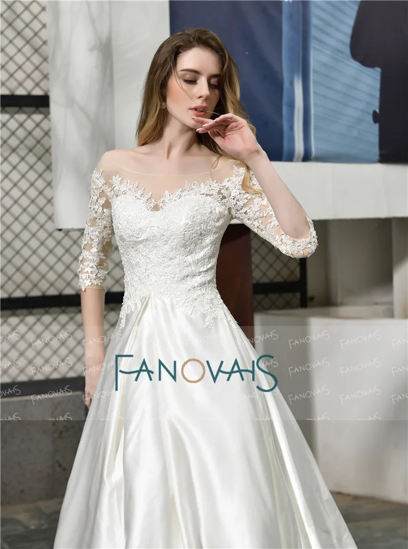 Элегантное свадебное платье цвета слоновой кости vestido de noiva с глубоким декольте 3/4 с длинным рукавом ТРАПЕЦИЕВИДНОЕ свадебное платье robe de mariee свадебное платье