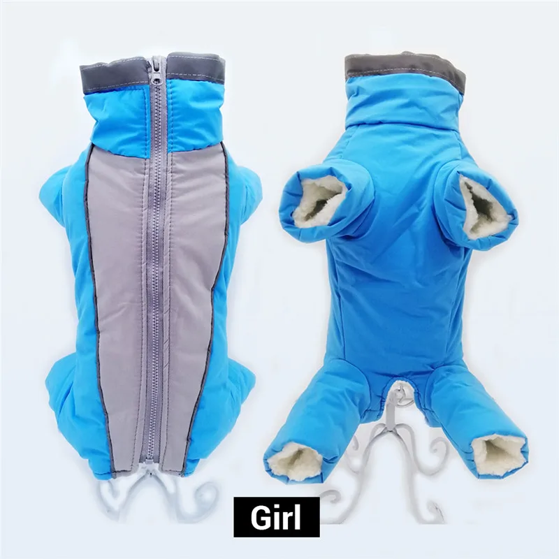 Зимние комбинезоны для собак, теплый водонепроницаемый комбинезон для животных, брюки для мужчин/женщин, светоотражающая одежда для маленьких собак, пуховик для щенков - Цвет: girl blue
