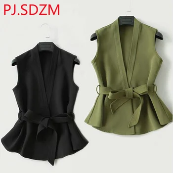 

Women Belt Vest Fashion Short Suit Vest Elegant All Match Deep V Neck Slim Waist Girl Irregular Waistcoat OL Basic
