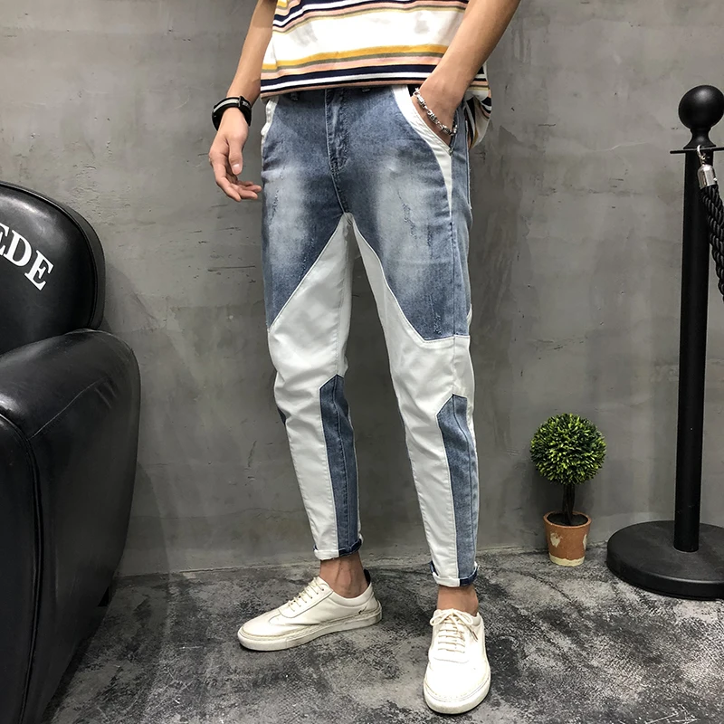 

2020 New Men Blue White Patchwork Jeans Casual Slim Fit Ankle-Length Pants