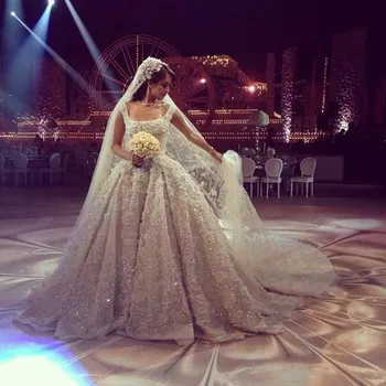 

Luxury Real Pictures Beads Ball Gown Wedding Dresses Vintage Muslim Wedding Dress Lace Cathedral Train Wedding Gowns Princess