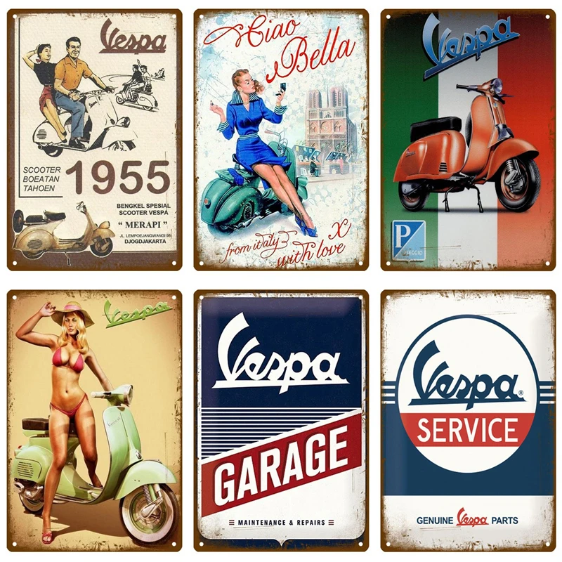 Металлический винтажный настенный плакат Vespa для гаража Ретро-постер комнаты