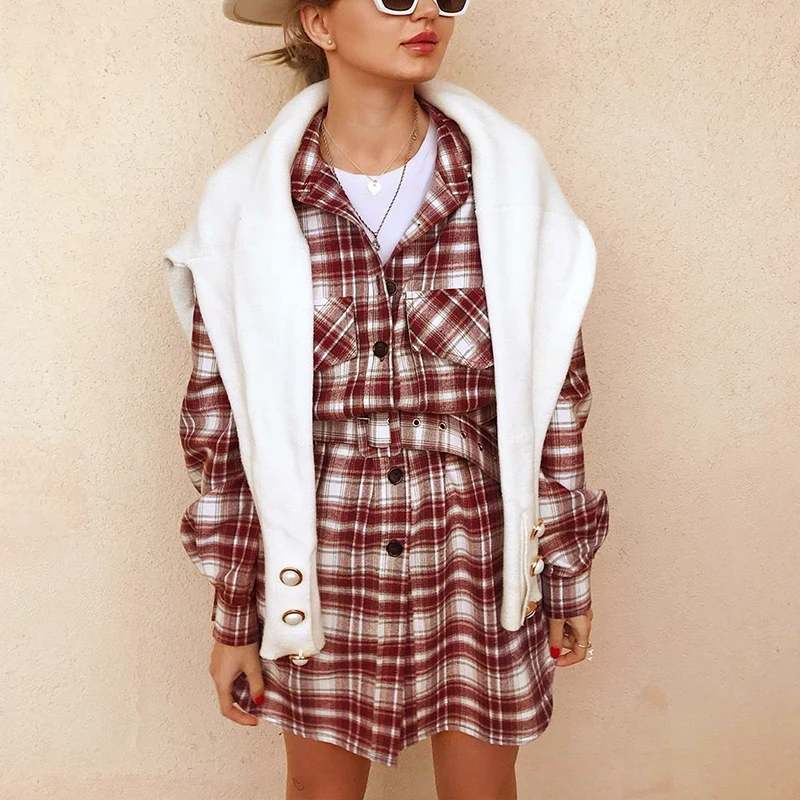 Long Sleeve High Waist Belt Plaid Button Pocket Dress Long Sleeve High Waist Belt Plaid Button Pocket Dress 3