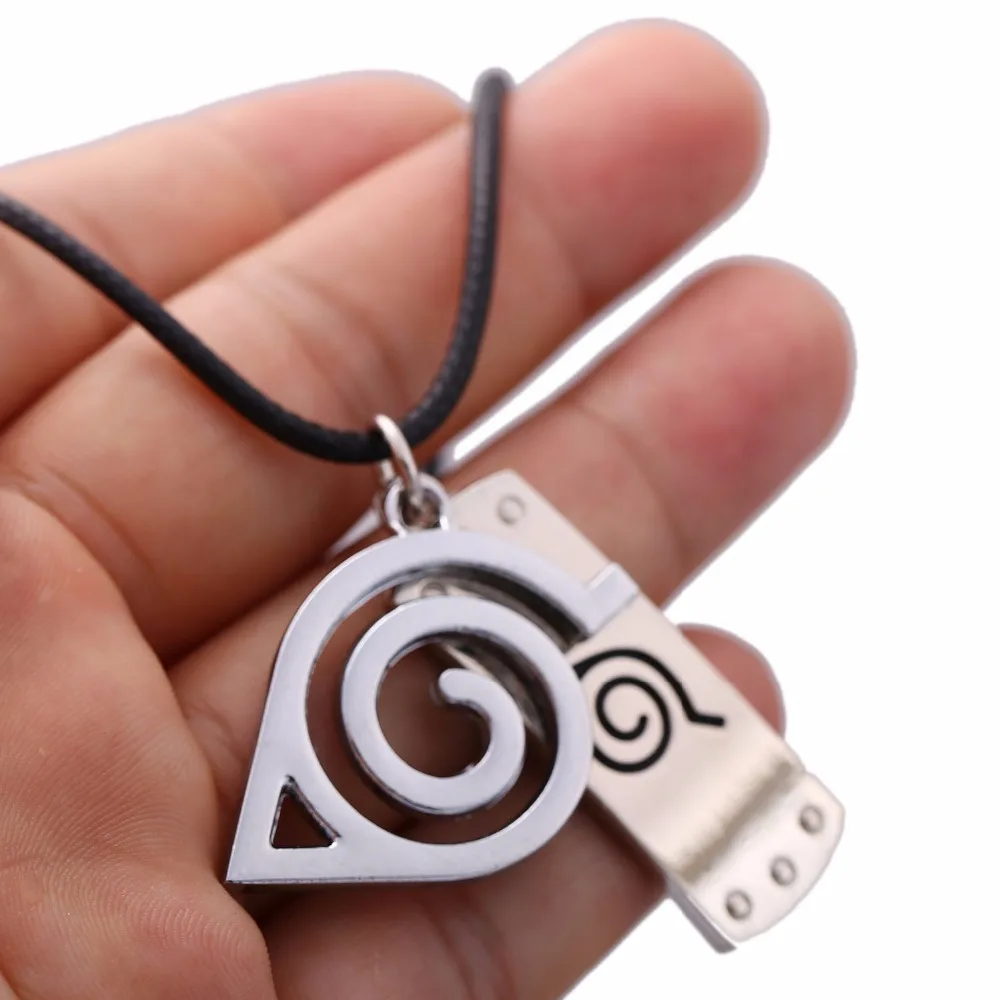 

6pcs/lot Wholesale Anime Naruto Leaf konoha Mark Headband Leaf Mark Metal Double Pendant Necklace Black Rope Chains Colar