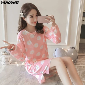 

Cotton Night Dress Nightgowns For Women 2019 Autumn Long Sleeve Home Dress Female Loose Print Sleepwear Nightdress Lounge Gifts
