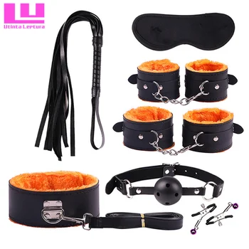 7 in 1 Adult Game Sex Bondage,Restraint,Handcuff,Mouth Plug,Whip,Collar,Nipple Clip,Sexual Fantasy Toys PU Leather SM Product 4
