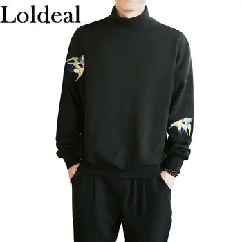 

Loldeal Men Long Sleeve Hoodie Vintage Bird Embroidery Loose Half Turtleneck Cotton Casual