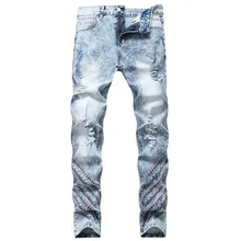QMGOOD Мужские Винтажные рваные джинсы с вышивкой прямые стрейч мужские джинсы Брендовые синие джинсовые узкие брюки одежда размер 29-42