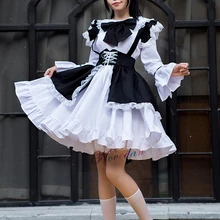 Disfraz de Lolita gótico para hombre y mujer, traje de sirvienta de Anime, Sexy, blanco y negro, delantal, dulce
