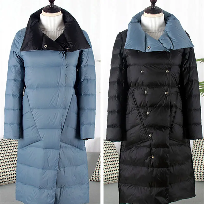 Blue Black Зимнее пуховое пальто для женщин, Двусторонняя глянцевая длинная куртка выше колена, теплая хлопковая куртка с лацканами, тонкая двубортная верхняя одежда на белом утином пуху - Цвет: Blue Black