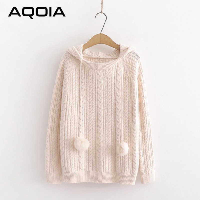AQOIA, элегантный вязаный женский свитер, однотонный, длинный рукав, свободный, теплый, для девушек, с капюшоном, пуловер,, модная зимняя одежда - Цвет: 2