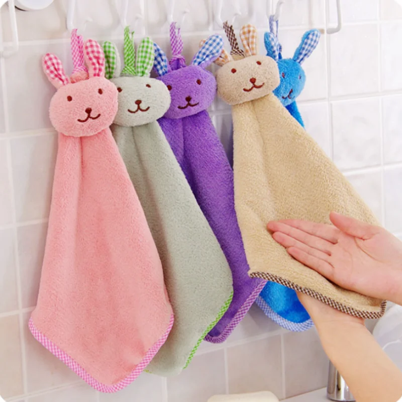 Cartoon Cute Bunny Hand Towel Coral Fleece Absorbent Kitchen Hangable Rabbit Head Cleaning Rag |