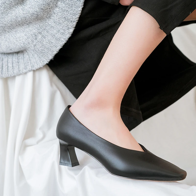 

Comfort Genuine Leather High Heel Shoes Woman Fashion Pointed Toe Spring Shoes Ladies Lazy Party Wedding Shoes Black