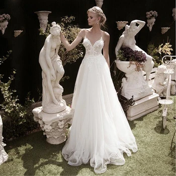 

Sheer Straps Backless Lace Top Wedding Dress Floor Length A Line 2020 Spring New Modern Bridal Gowns Custom Made Plus Size