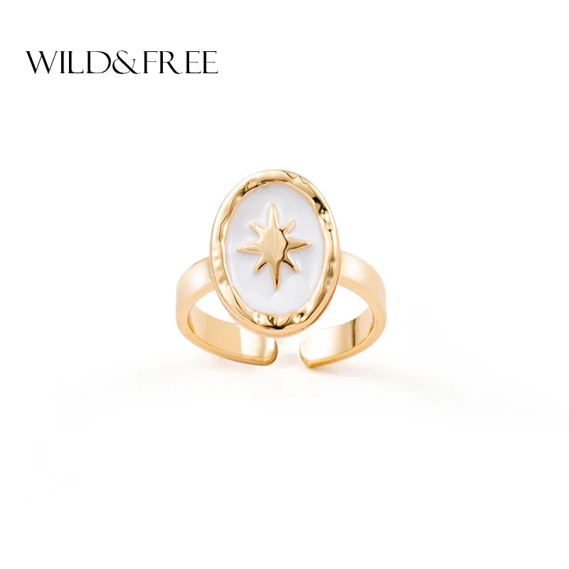 Wild & Free Boho Style Star Open Rings For Women White Enamel Gold Alloy Oval Shape Single