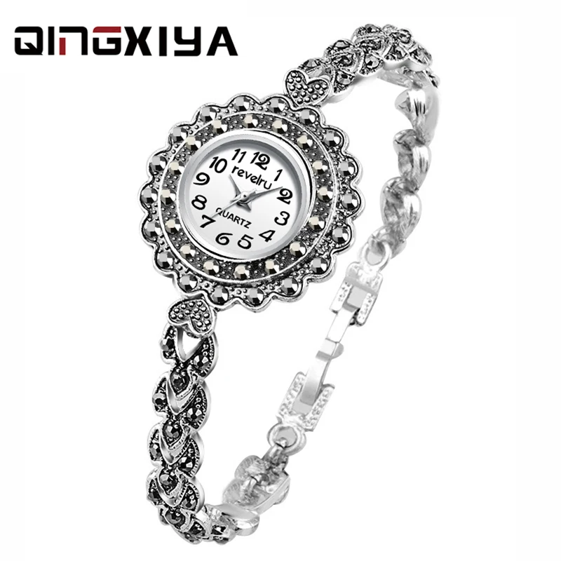 QINGXIYA-Reloj de lujo para mujer, pulsera de plata antigua con taladro de agua, joyería femenina, relojes de pulsera de cuarzo informales