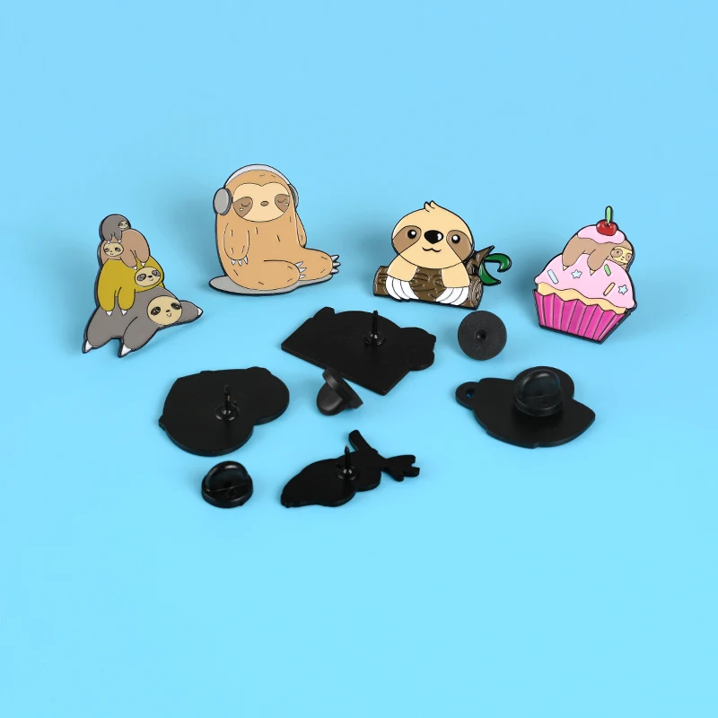 Cute sloth cartoon animal enamel brooch Climbing branches Riding a cake embrace listen to music Coffee cup Creative badge