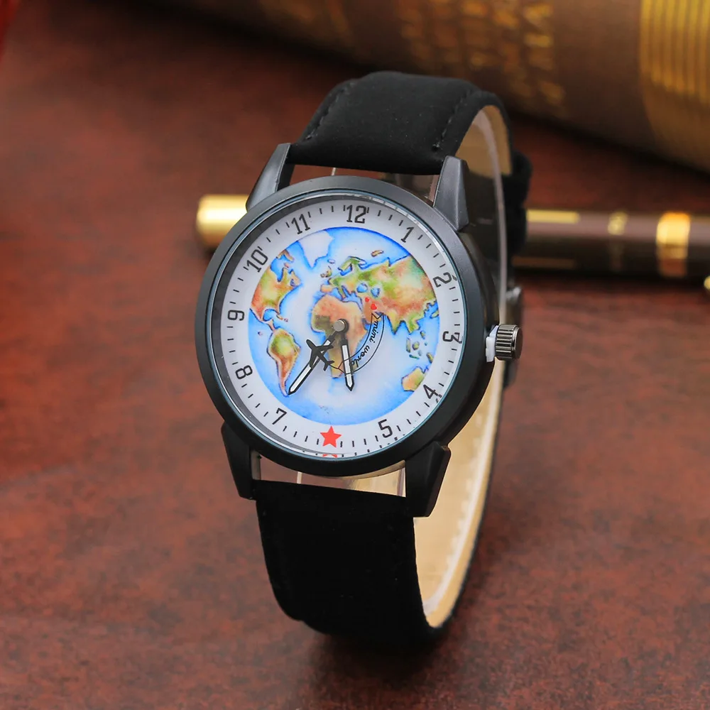 

Fashion Dull Polish Leather Belt Airplane Turntable Second Hand Map Watch Korean-style for Both Men And Women Students Watch