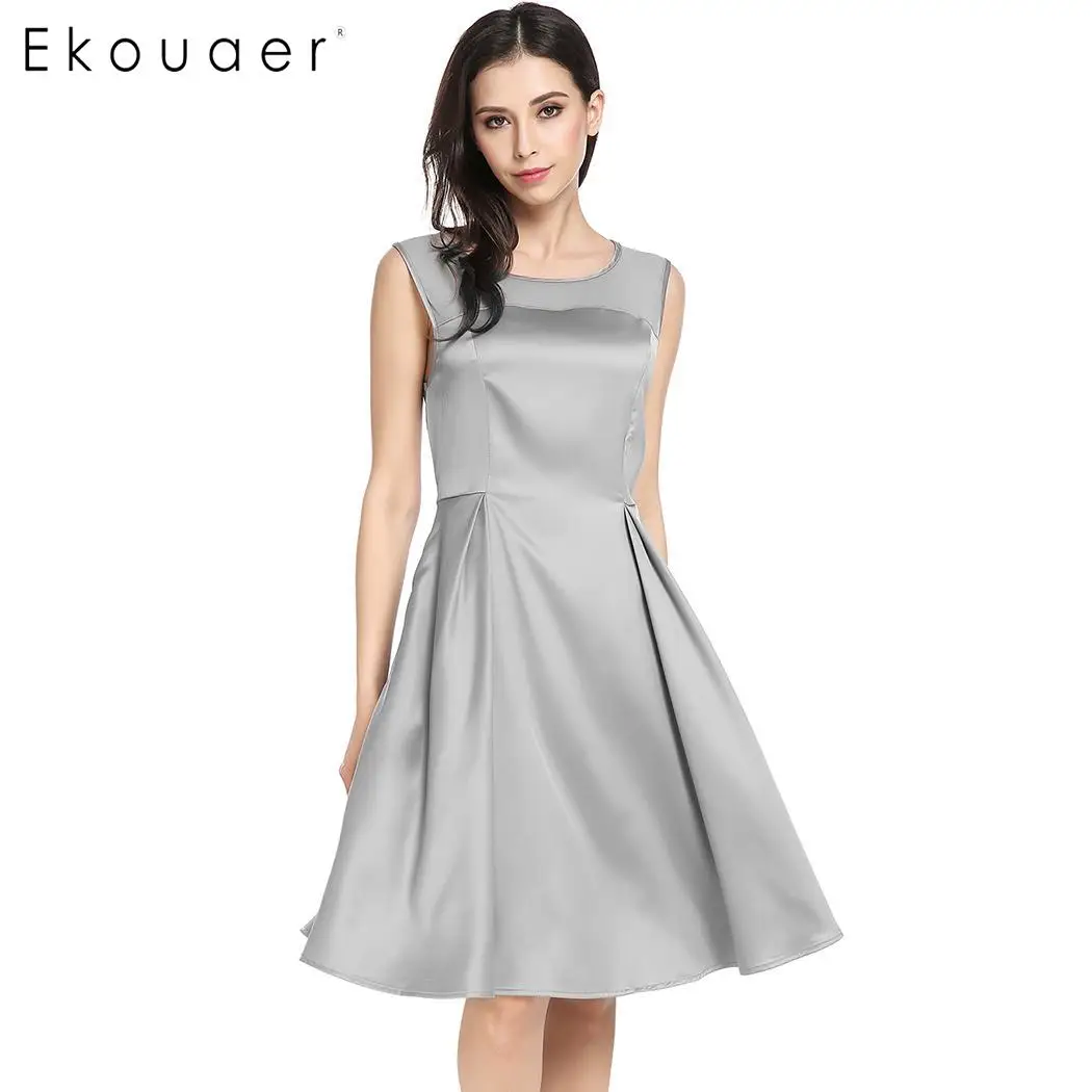 Ekouaer Summer Dress New Women Casual O Neck Sleeveless Mesh Party