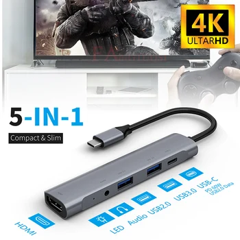 

5-in-1 Type-C Hub Type-C to HDMI Adapter 4K USB3.0 Reader USB-C Dongle for MacBook